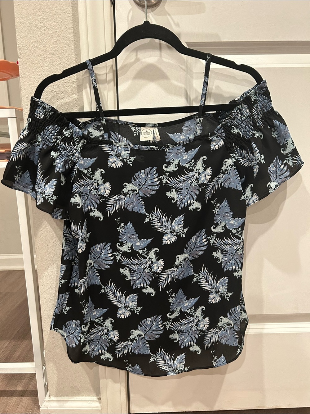 Paper Crane Black Blouse with Light Blue Floral Print • Size M